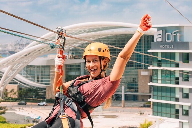 Zipline Sky Bull in Urban Environment in Toroverde urban park San Juan - Gear, Safety, and the Safe Roller Connection System